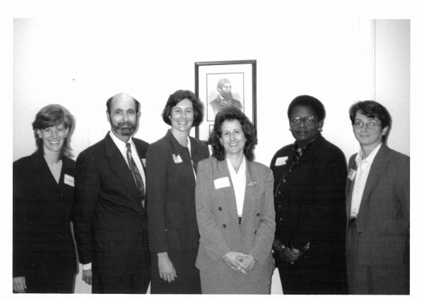 Jill Goldenberg, Associate Director; David Abromowitz, Honoree; Deborah Goddard, Lawyers Clearinghouse Chair; Lauren Rikleen, BBA President; Sandra Henriquez, BHA; Maribeth Perry, Executive Director at 1997 Annual Meeting.