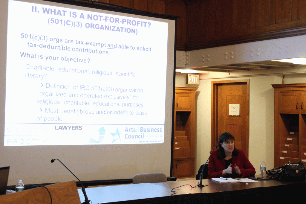 Presenter Sue Abbott provides background information about tax-exempt status.