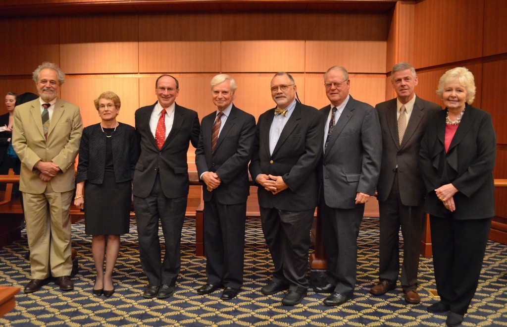 The Honorable Ralph D. Gants [third from left] and the Honorable Margaret H. Marshall, justices of the Supreme Judicial Court, with the first class of Fellows at the Kickoff Event in September 2012. From left: Robert A. Sable, Esq.; Martha J. Koster, Esq.; Hon. Ralph D. Gants; Robert Tuchmann, Esq.; Richard A. Soden, Esq.; William Patten, Esq.; Hon. Patrick A. Fox; and Hon. Margaret H. Marshall.